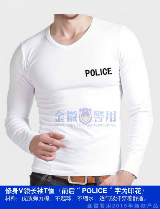 警察V领白色长袖POLICE印花T恤
